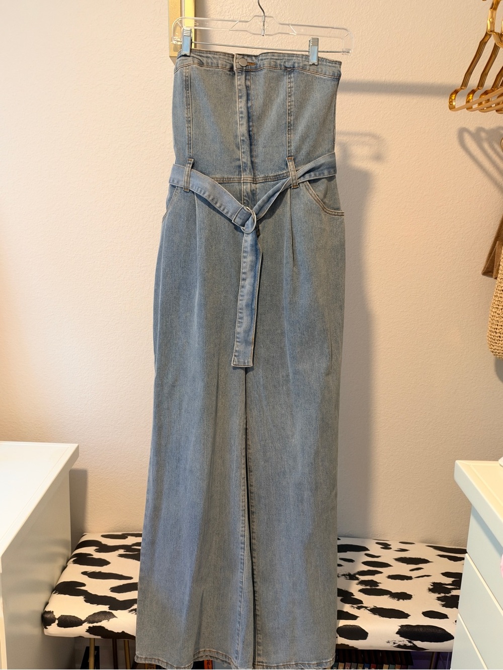 Strapless Light Blue Wide-Leg Denim Jumper with Tie Belt